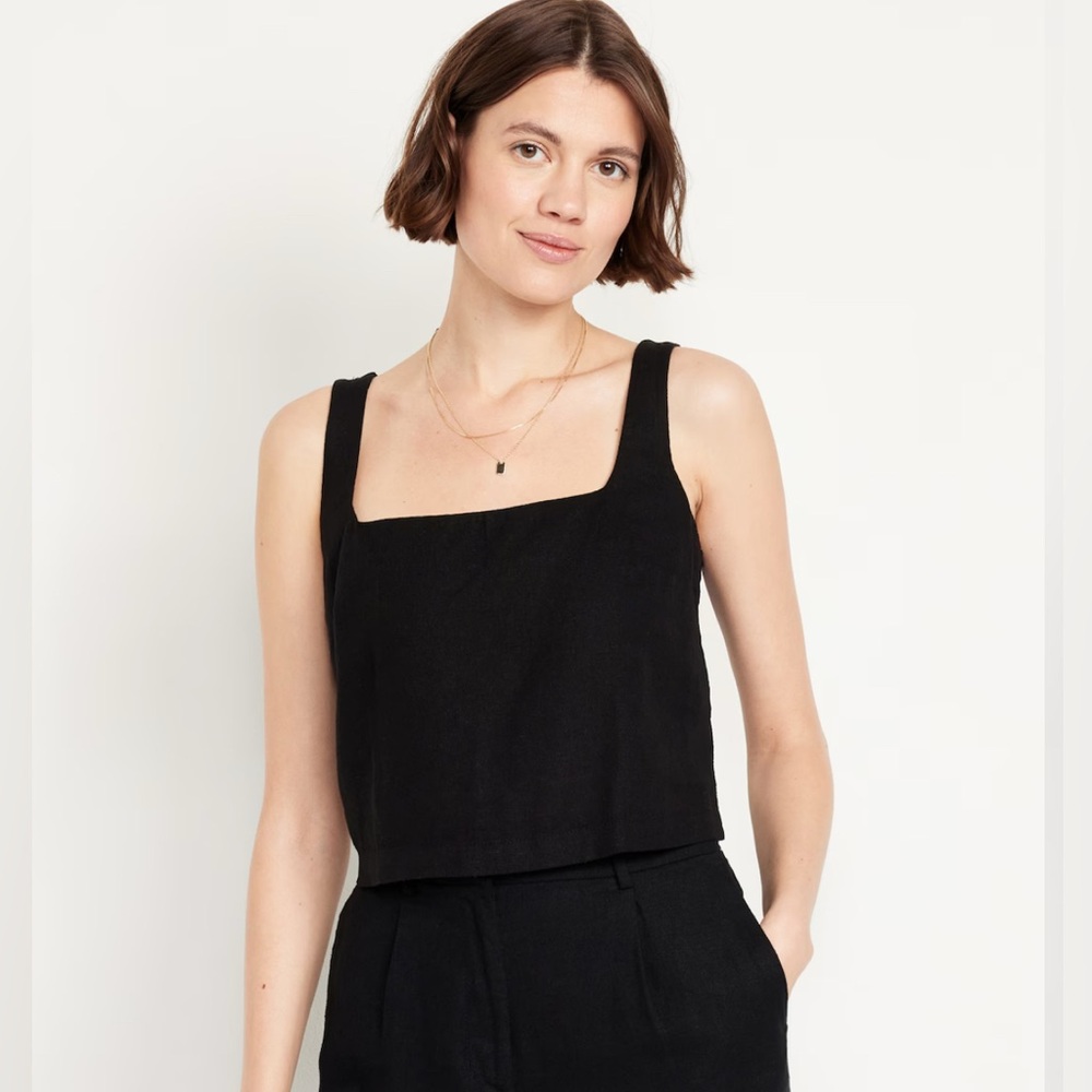 NWT Old Navy Square-Neck Linen-Blend Crop Tank Top, black, size S